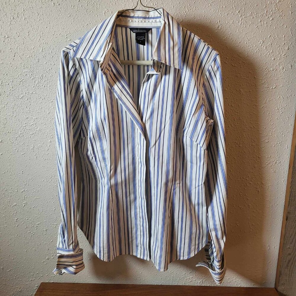 Moda International, women's, button down, blue/white striped shirt, Small